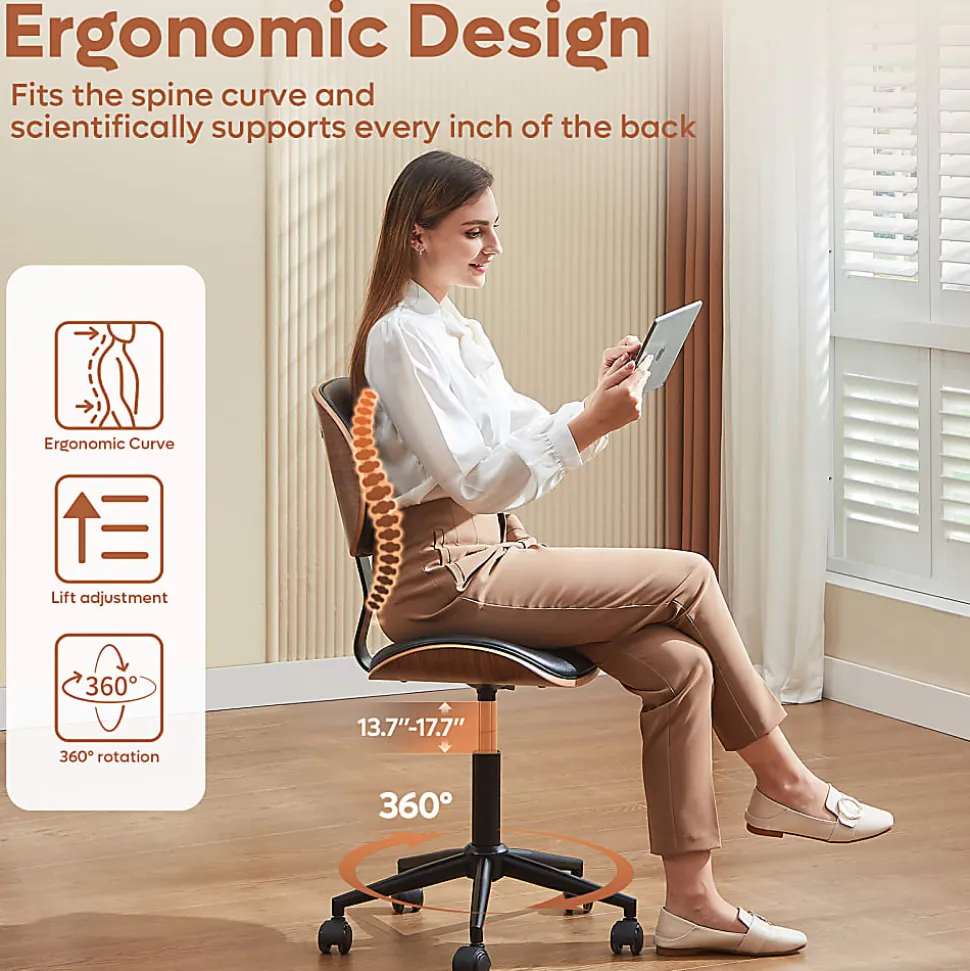 Bestier Ergonomic Faux Leather Mid-Back Armless Office Task Chair With Swivel Curved Seat, Black