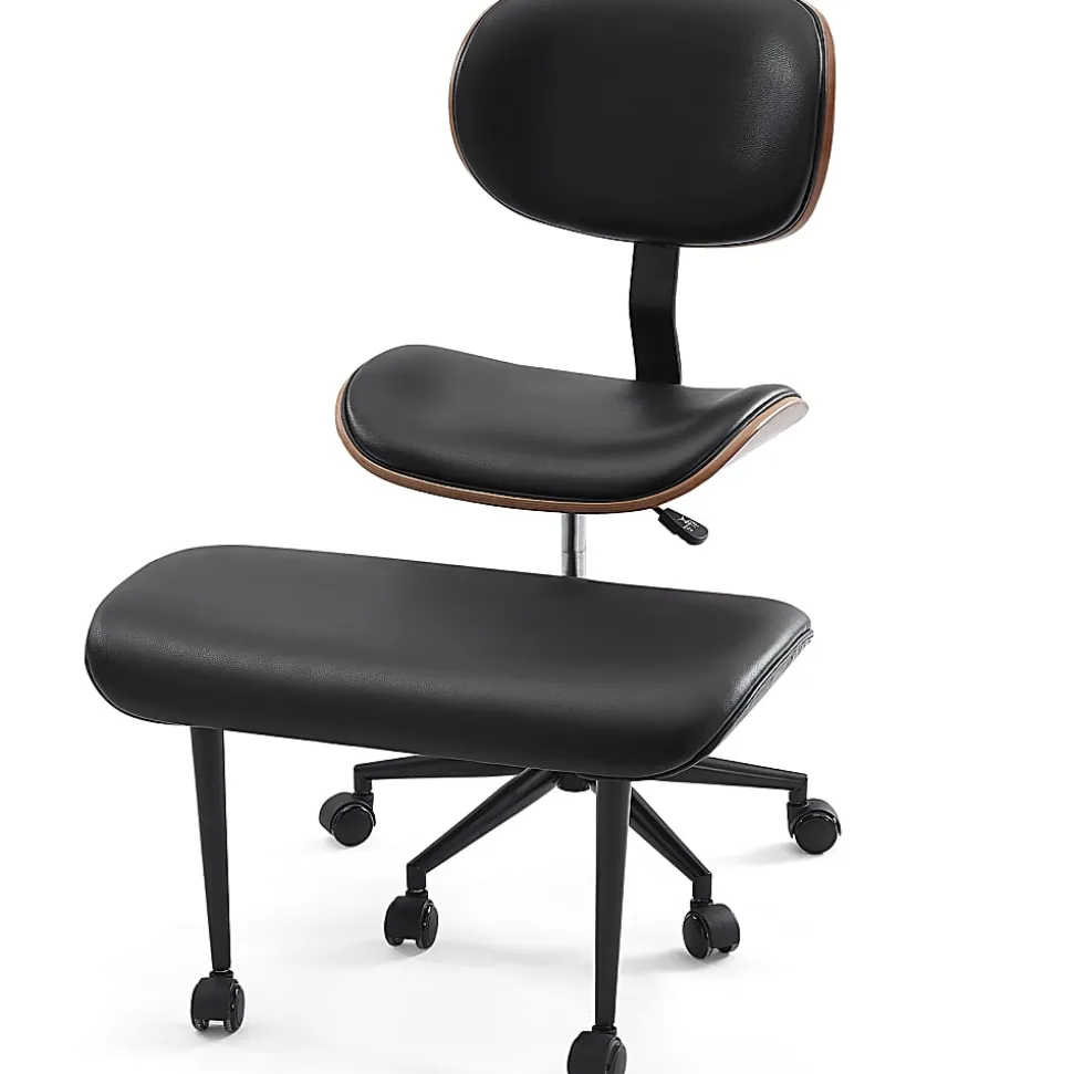 Bestier Ergonomic Faux Leather Mid-Back Cross Legged Office Task Chair With Wheels, Black