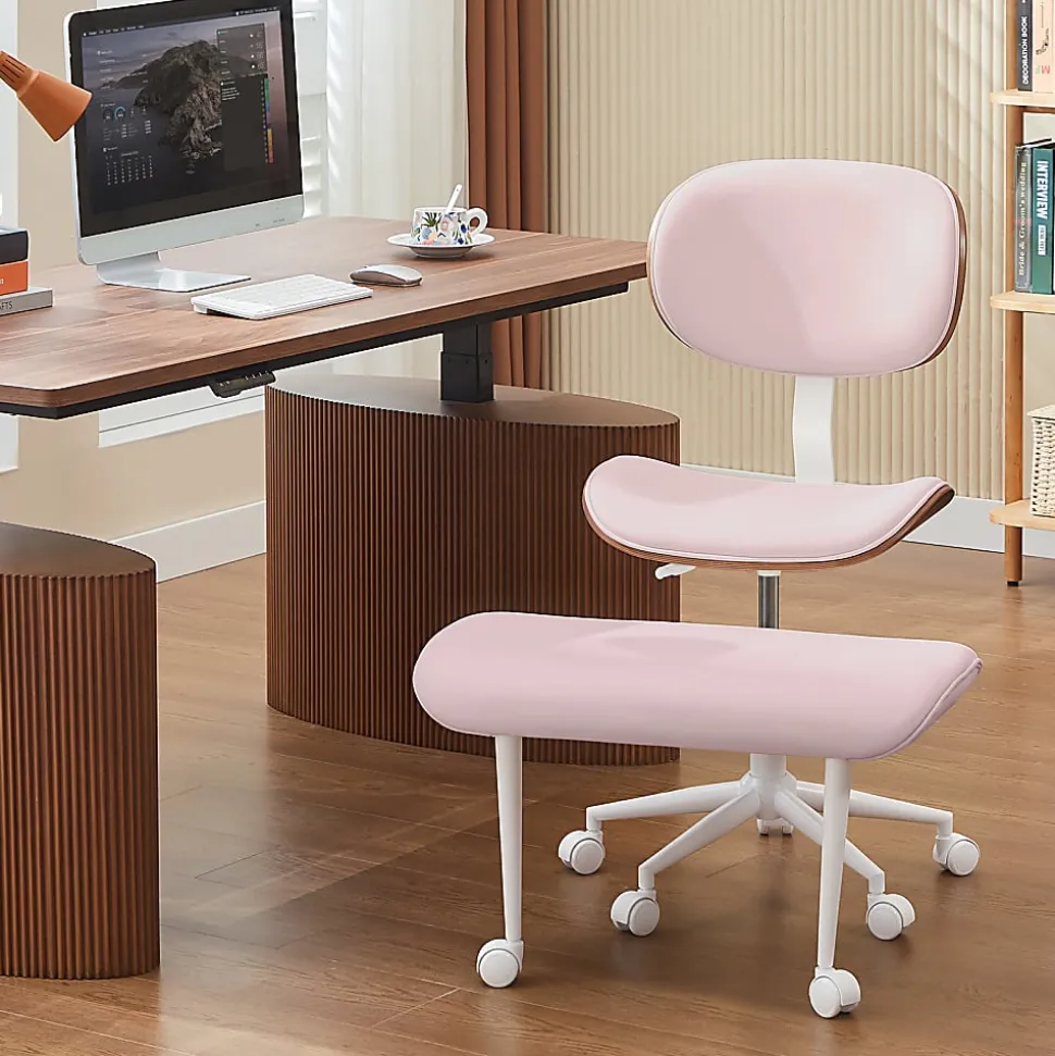 Bestier Ergonomic Faux Leather Mid-Back Cross Legged Office Task Chair With Wheels, Pink