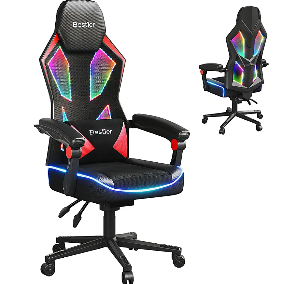 Bestier Ergonomic Gaming Chair With Integrated LED Lights, Black/Red