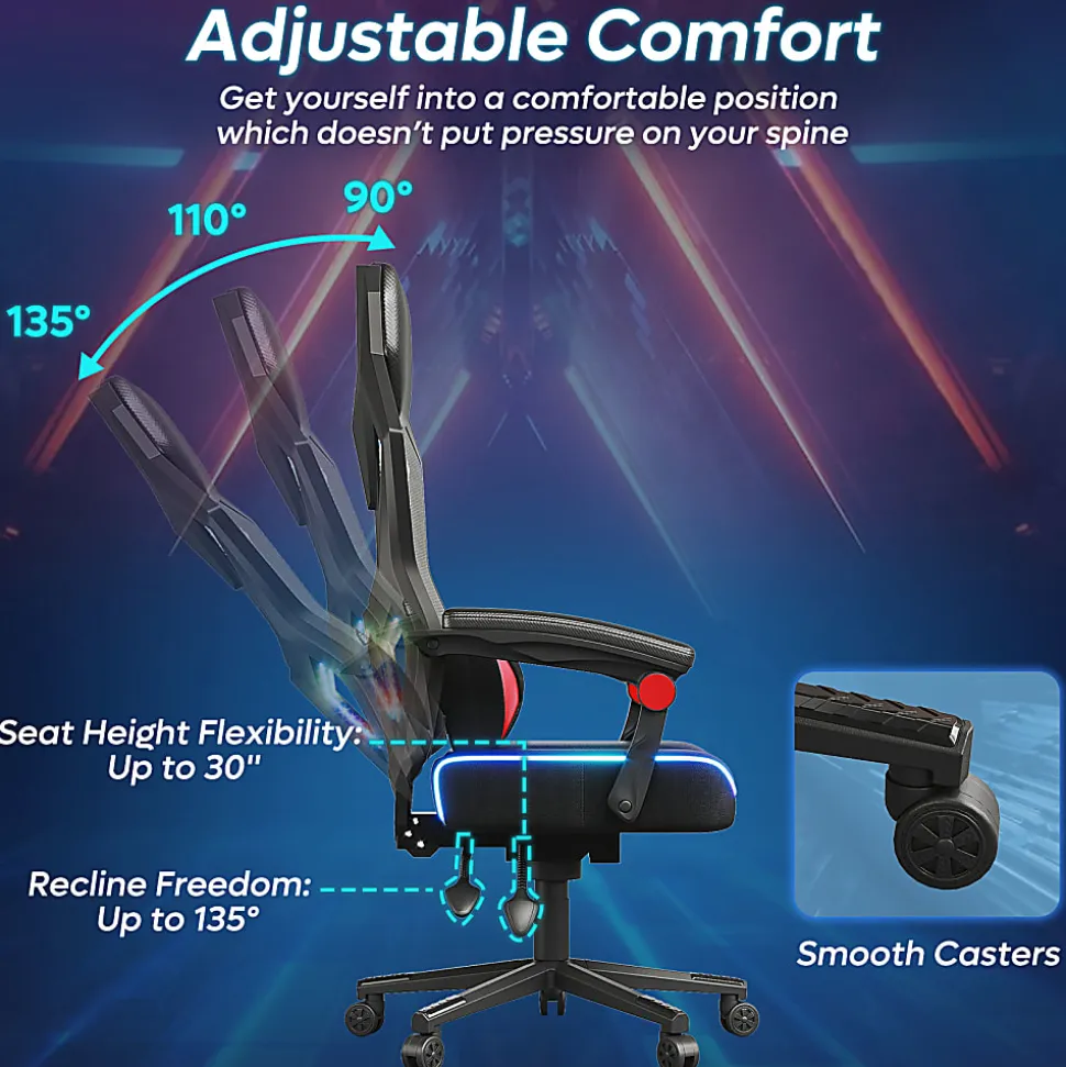 Bestier Ergonomic Gaming Chair With Integrated LED Lights, Black/Red