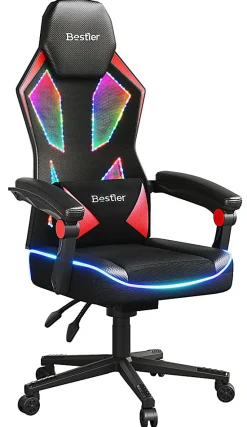 Bestier Ergonomic Gaming Chair With Integrated LED Lights, Black/Red