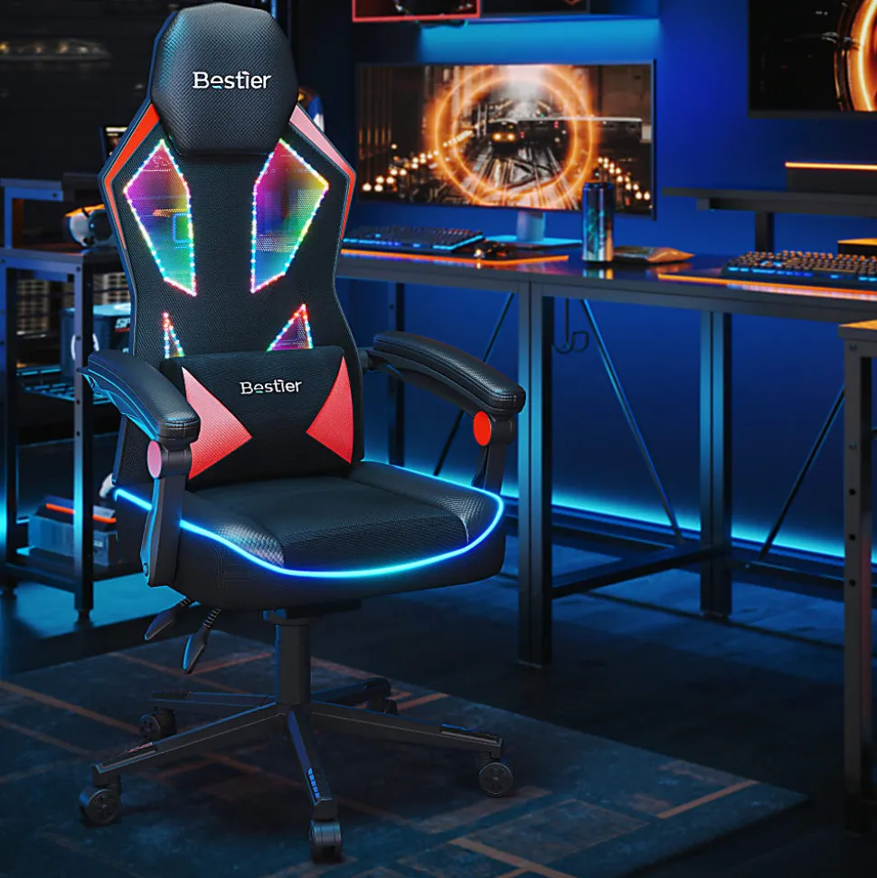 Bestier Ergonomic Gaming Chair With Integrated LED Lights, Black/Red
