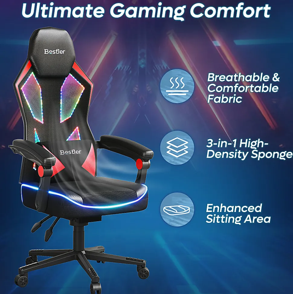 Bestier Ergonomic Gaming Chair With Integrated LED Lights, Black/Red