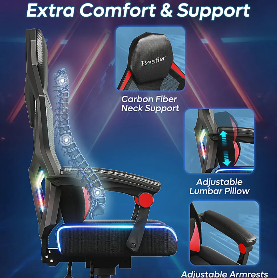 Bestier Ergonomic Gaming Chair With Integrated LED Lights, Black/Red