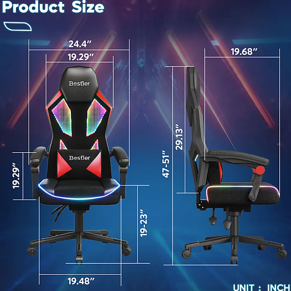 Bestier Ergonomic Gaming Chair With Integrated LED Lights, Black/Red