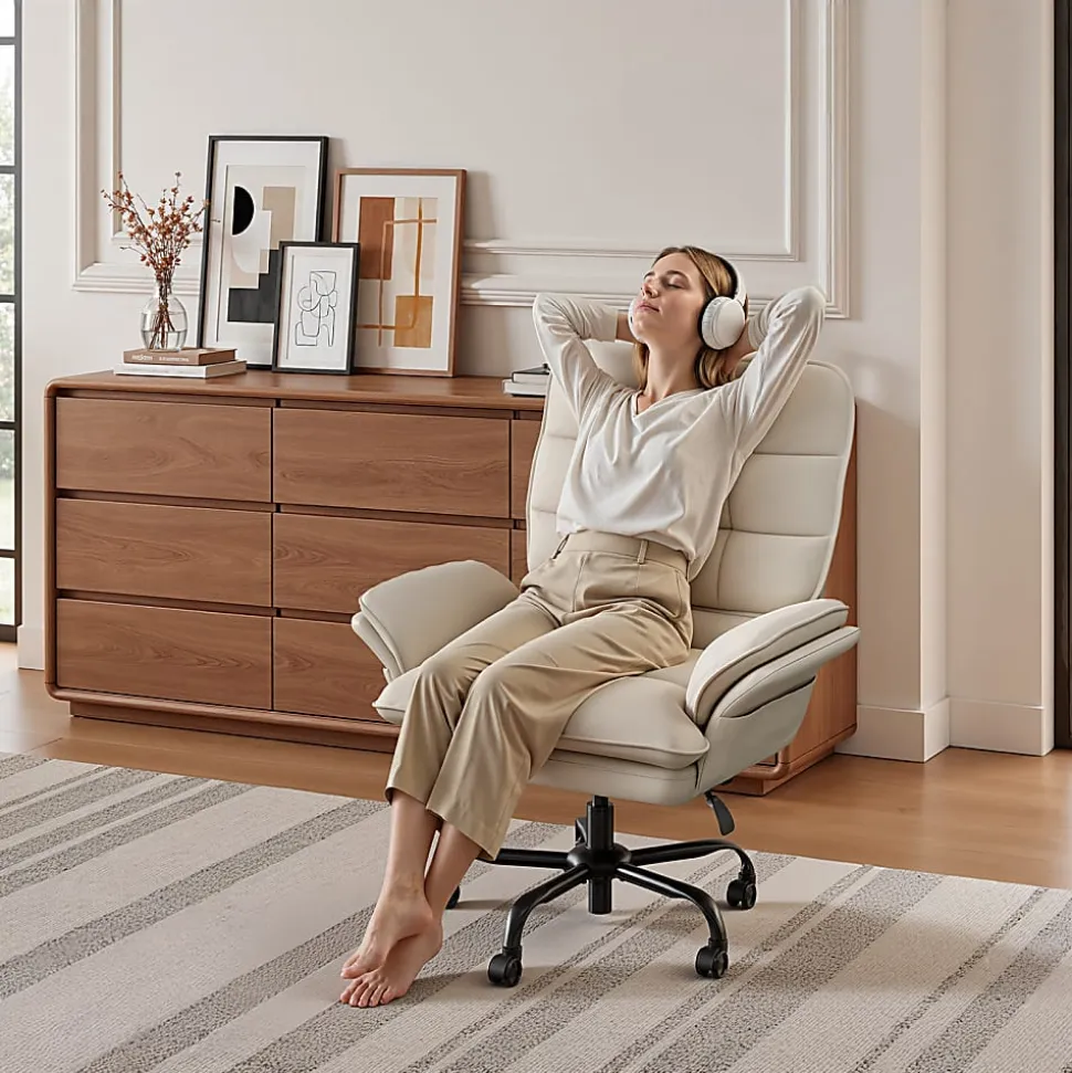 Bestier Ergonomic PU Leather High-Back Swivel Executive Office Chair, Beige