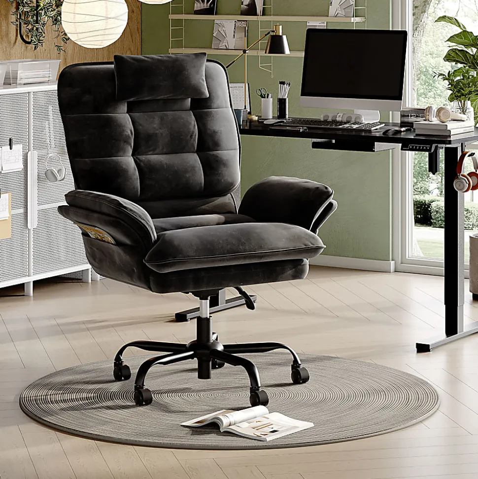 Bestier Ergonomic Velvet High-Back Swivel Executive Office Chair With Adjustable Padded Arms And Padded Headrest, Black