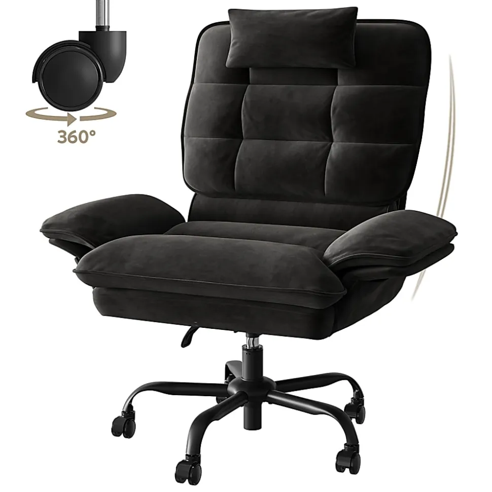 Bestier Ergonomic Velvet High-Back Swivel Executive Office Chair With Adjustable Padded Arms And Padded Headrest, Black
