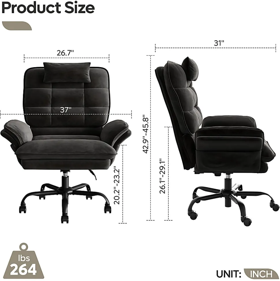 Bestier Ergonomic Velvet High-Back Swivel Executive Office Chair With Adjustable Padded Arms And Padded Headrest, Black