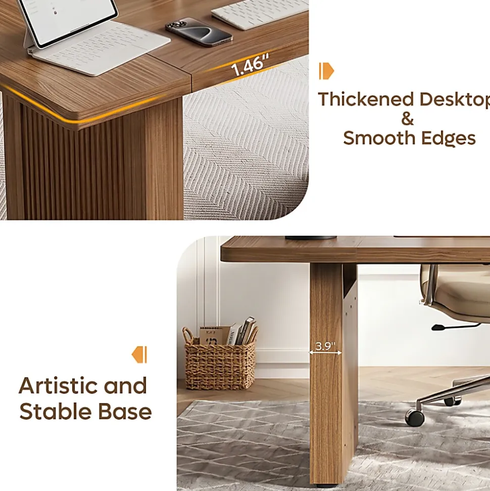 Bestier 63" Fluted Wood Executive Office Desk for Home Office , Brown