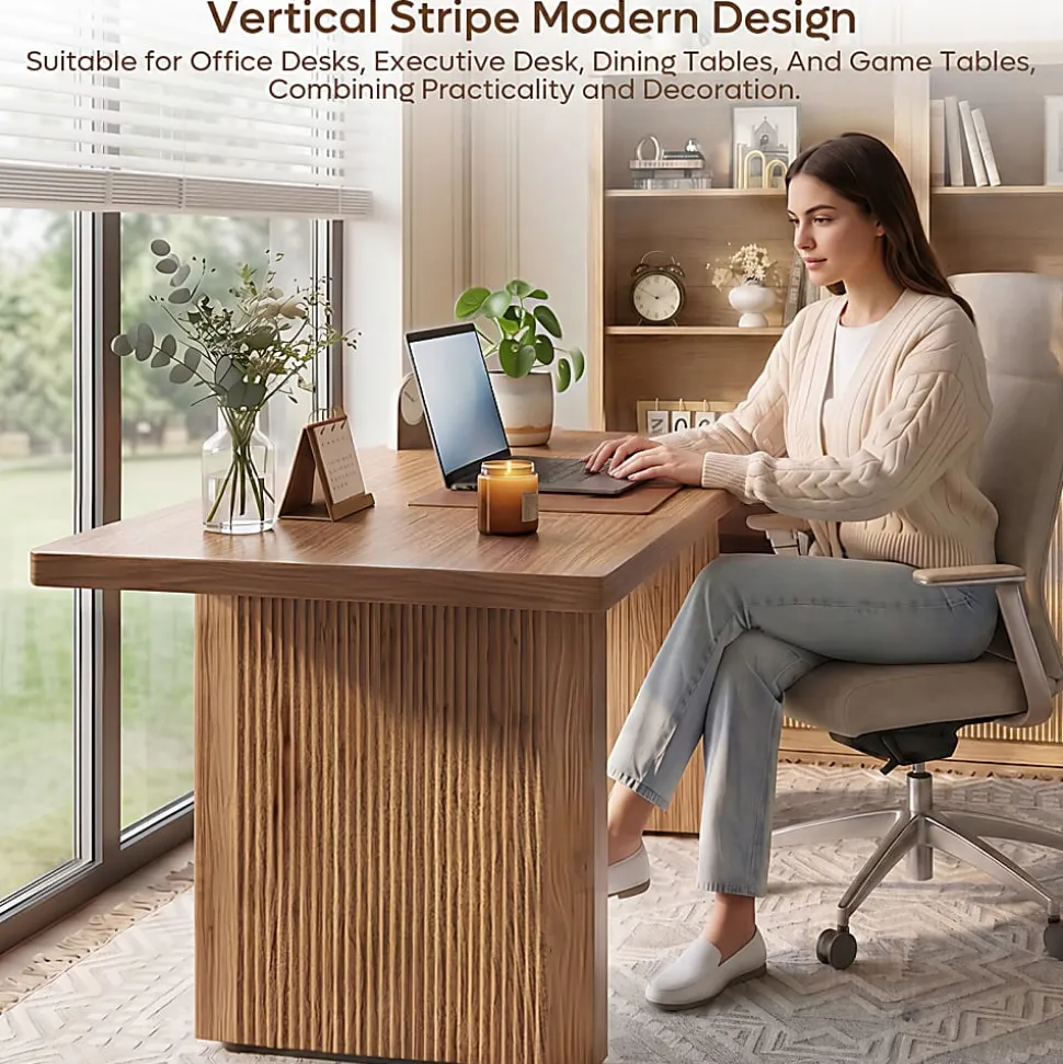 Bestier 63" Fluted Wood Executive Office Desk for Home Office , Brown