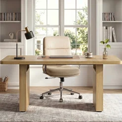 Bestier 63" Fluted Wood Executive Office Desk for Home Office , Natural Oak