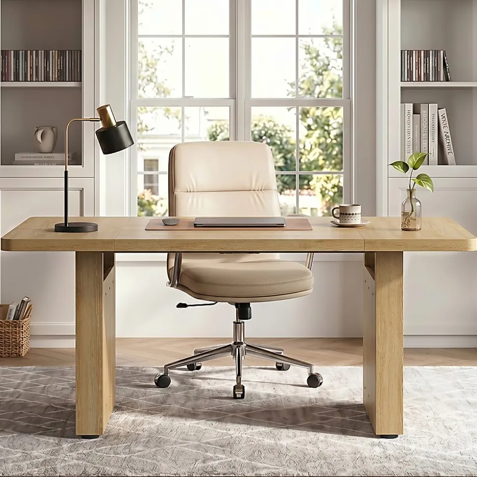 Bestier 63" Fluted Wood Executive Office Desk for Home Office , Natural Oak