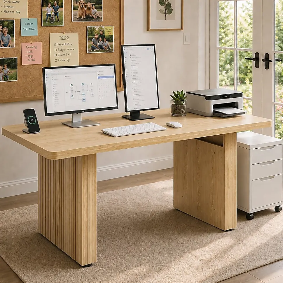 Bestier 63" Fluted Wood Executive Office Desk for Home Office , Natural Oak