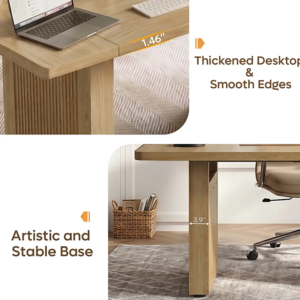 Bestier 63" Fluted Wood Executive Office Desk for Home Office , Natural Oak