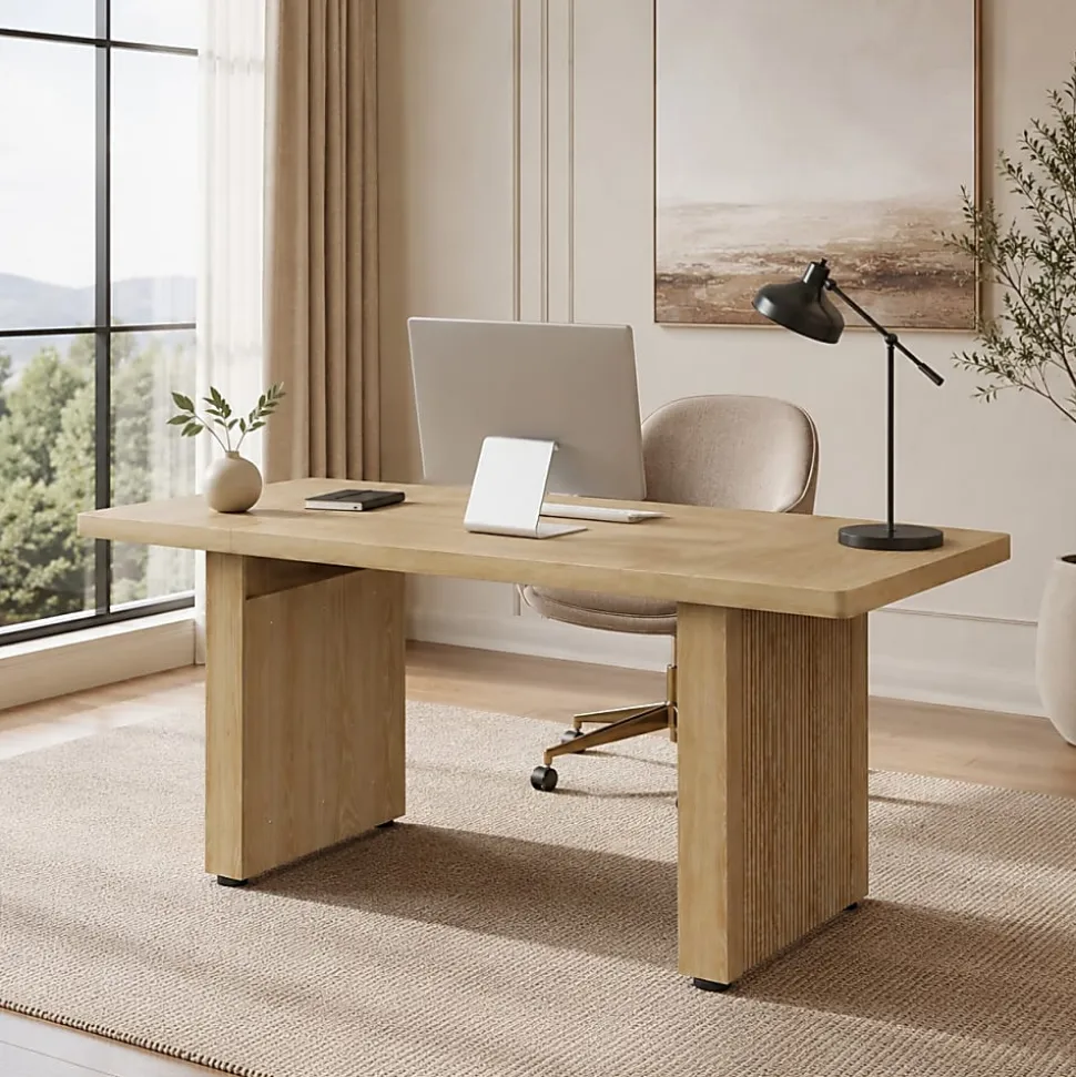 Bestier 63" Fluted Wood Executive Office Desk for Home Office , Natural Oak