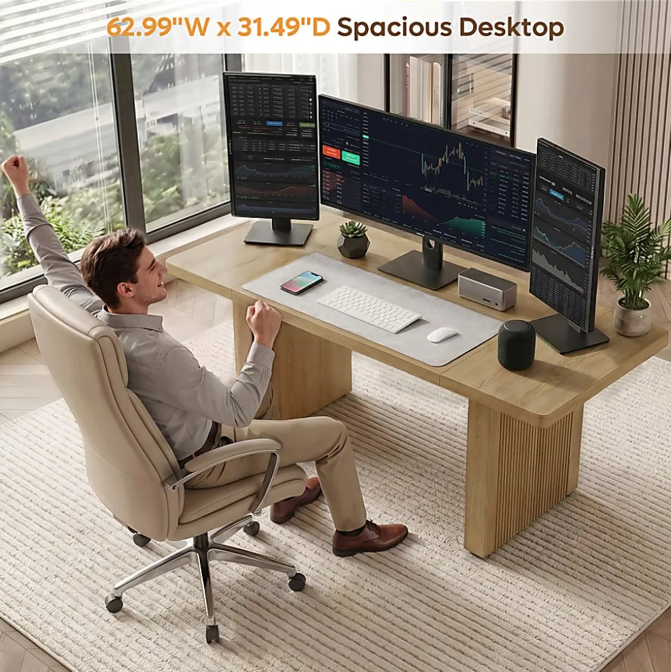 Bestier 63" Fluted Wood Executive Office Desk for Home Office , Natural Oak