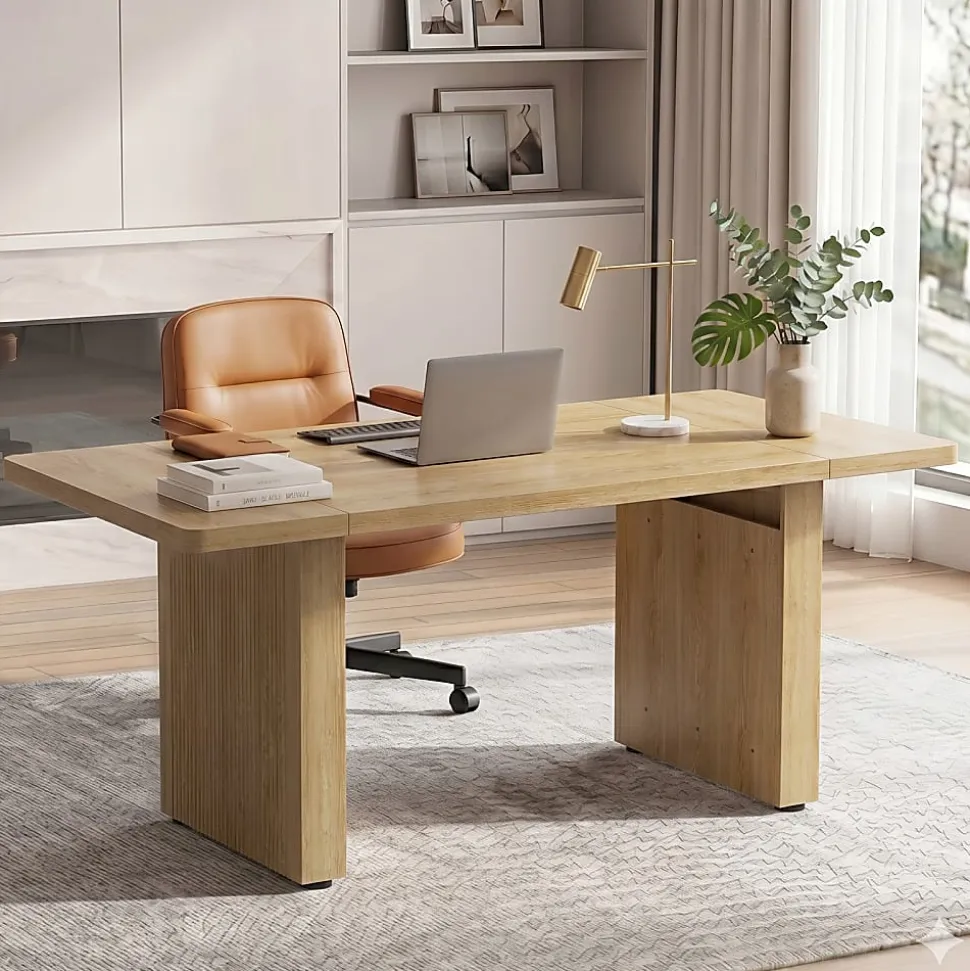 Bestier 63" Fluted Wood Executive Office Desk for Home Office , Natural Oak
