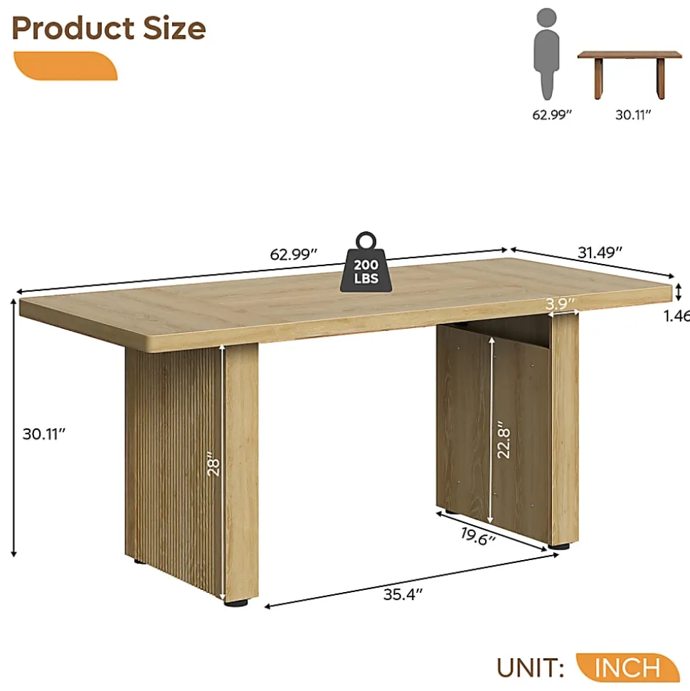 Bestier 63" Fluted Wood Executive Office Desk for Home Office , Natural Oak