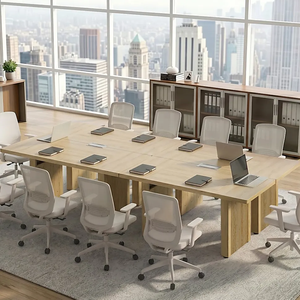Bestier 63" Fluted Wood Executive Office Desk for Home Office , Natural Oak
