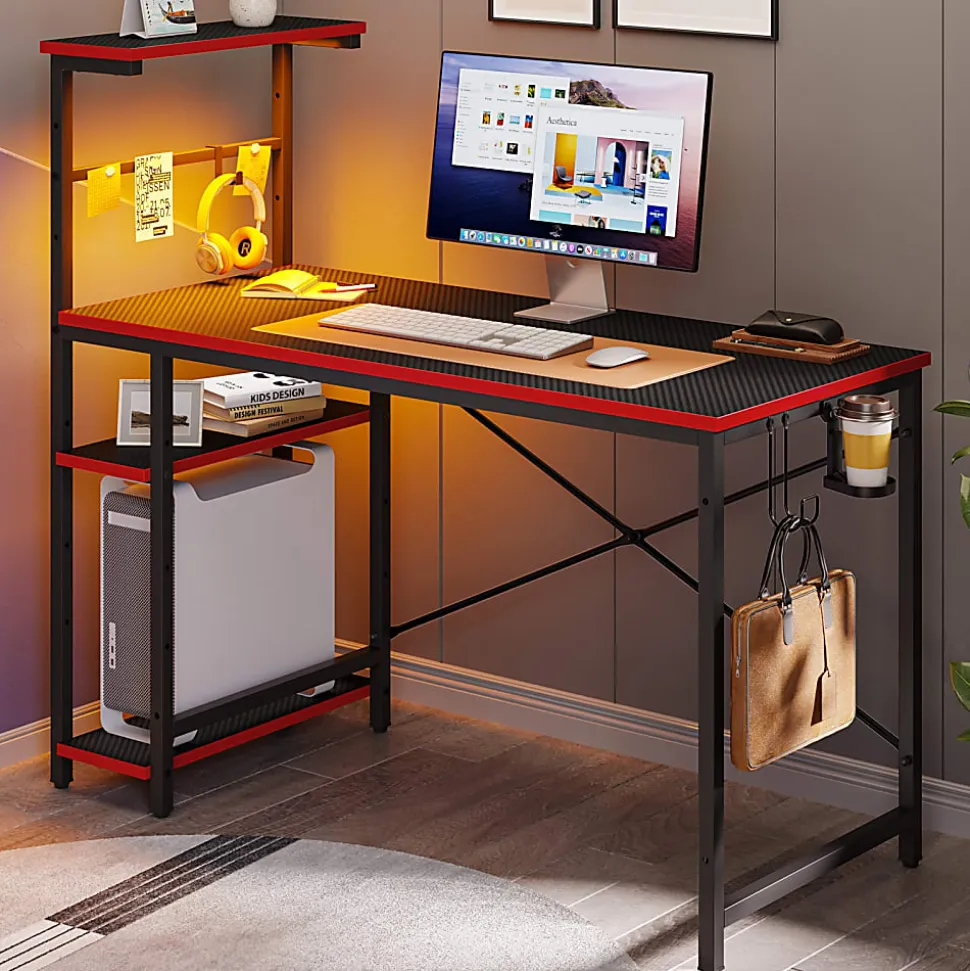 Bestier Gaming Computer Desk With RGB LED Lights And 4-Tier Storage Shelves, 44"W, Black Carbon Fiber