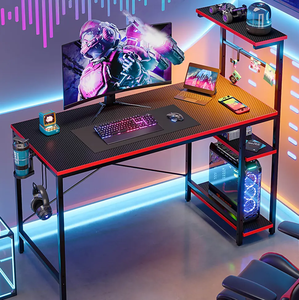 Bestier Gaming Computer Desk With RGB LED Lights And 4-Tier Storage Shelves, 44"W, Black Carbon Fiber