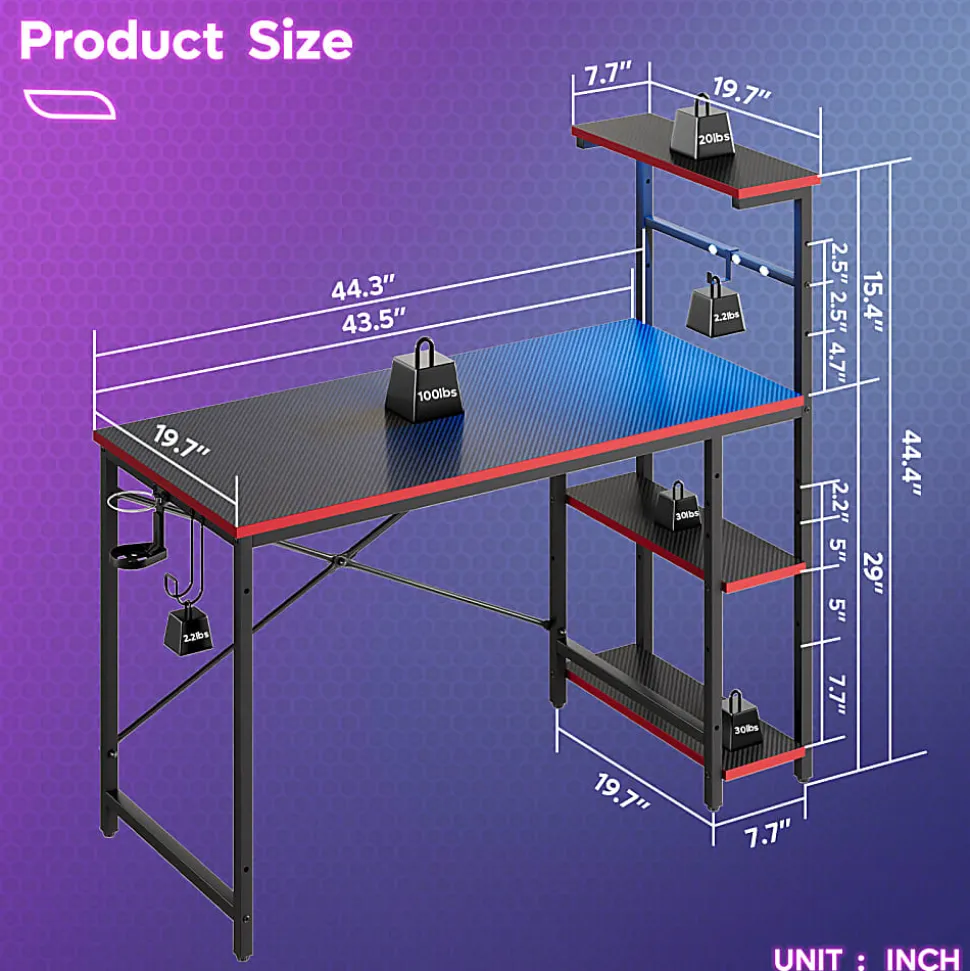 Bestier Gaming Computer Desk With RGB LED Lights And 4-Tier Storage Shelves, 44"W, Black Carbon Fiber