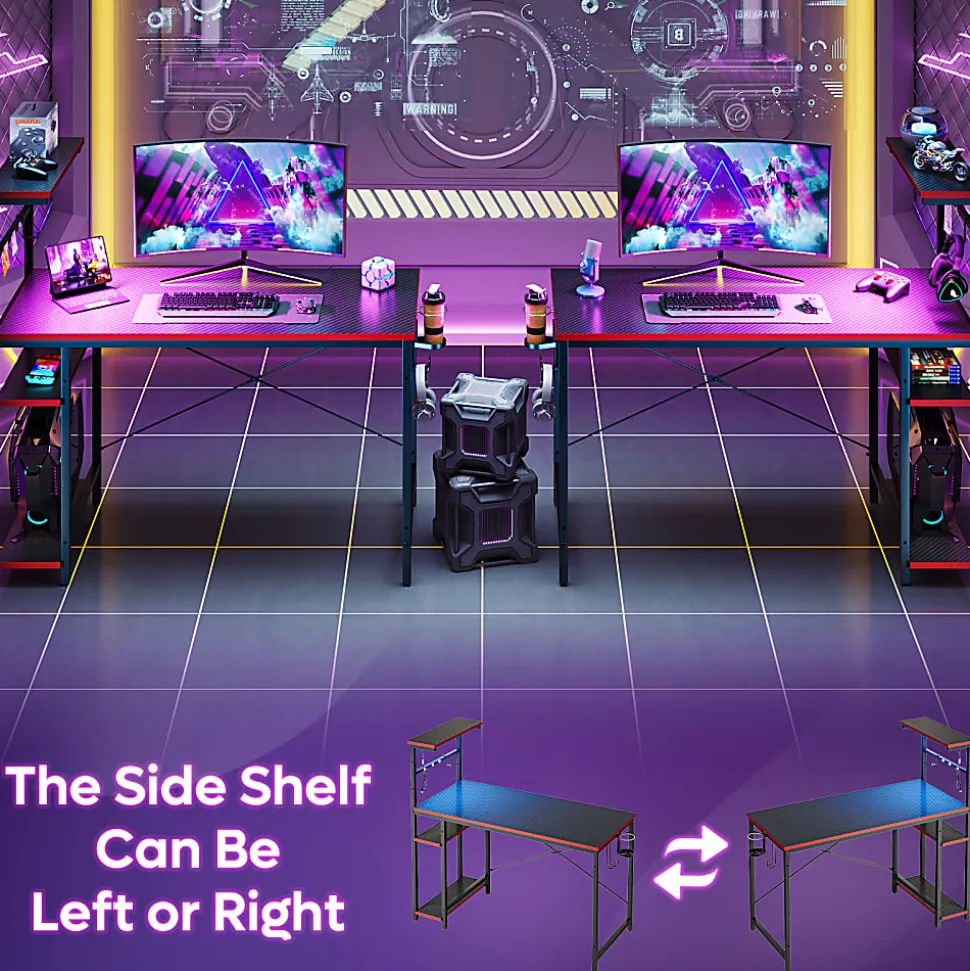 Bestier Gaming Computer Desk With RGB LED Lights And 4-Tier Storage Shelves, 44"W, Black Carbon Fiber