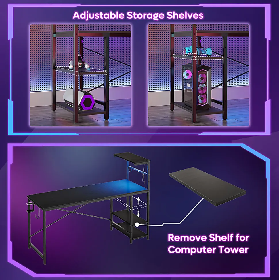 Bestier Gaming Computer Desk With RGB LED Lights And 4-Tier Storage Shelves, 61"W, Black Grained