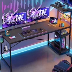 Bestier Gaming Computer Desk With RGB LED Lights And 4-Tier Storage Shelves, 61