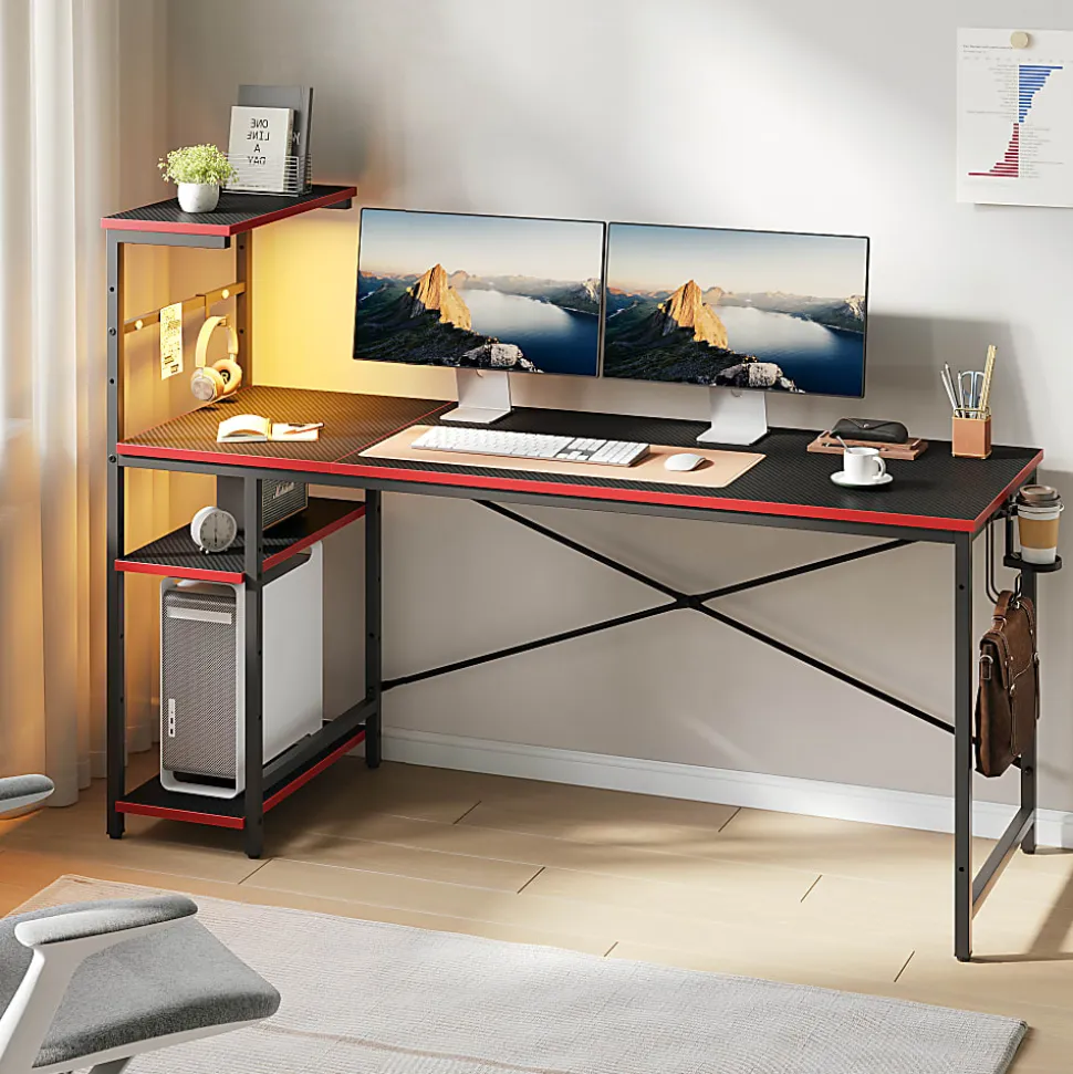 Bestier Gaming Computer Desk With RGB LED Lights And 4-Tier Storage Shelves, 61"W, Black Carbon Fiber