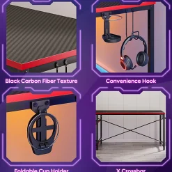 Bestier Gaming Computer Desk With RGB LED Lights And 4-Tier Storage Shelves, 61"W, Black Carbon Fiber