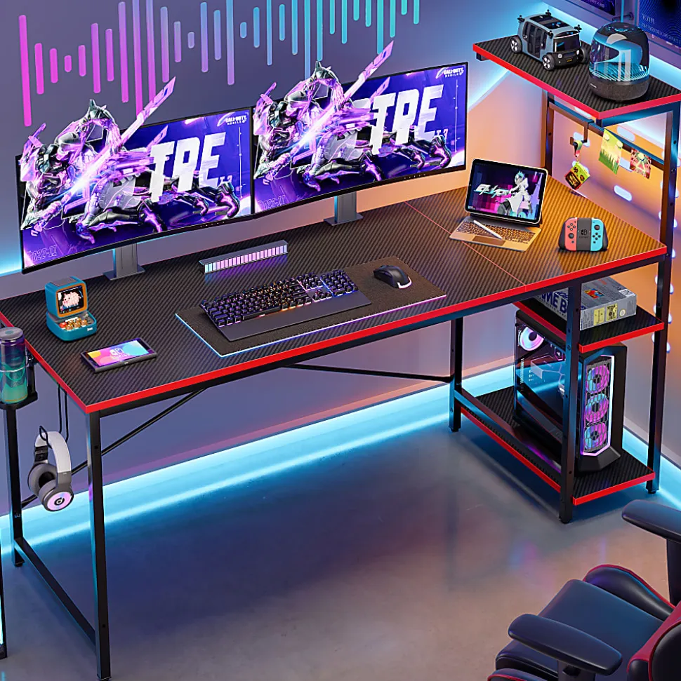 Bestier Gaming Computer Desk With RGB LED Lights And 4-Tier Storage Shelves, 61"W, Black Carbon Fiber