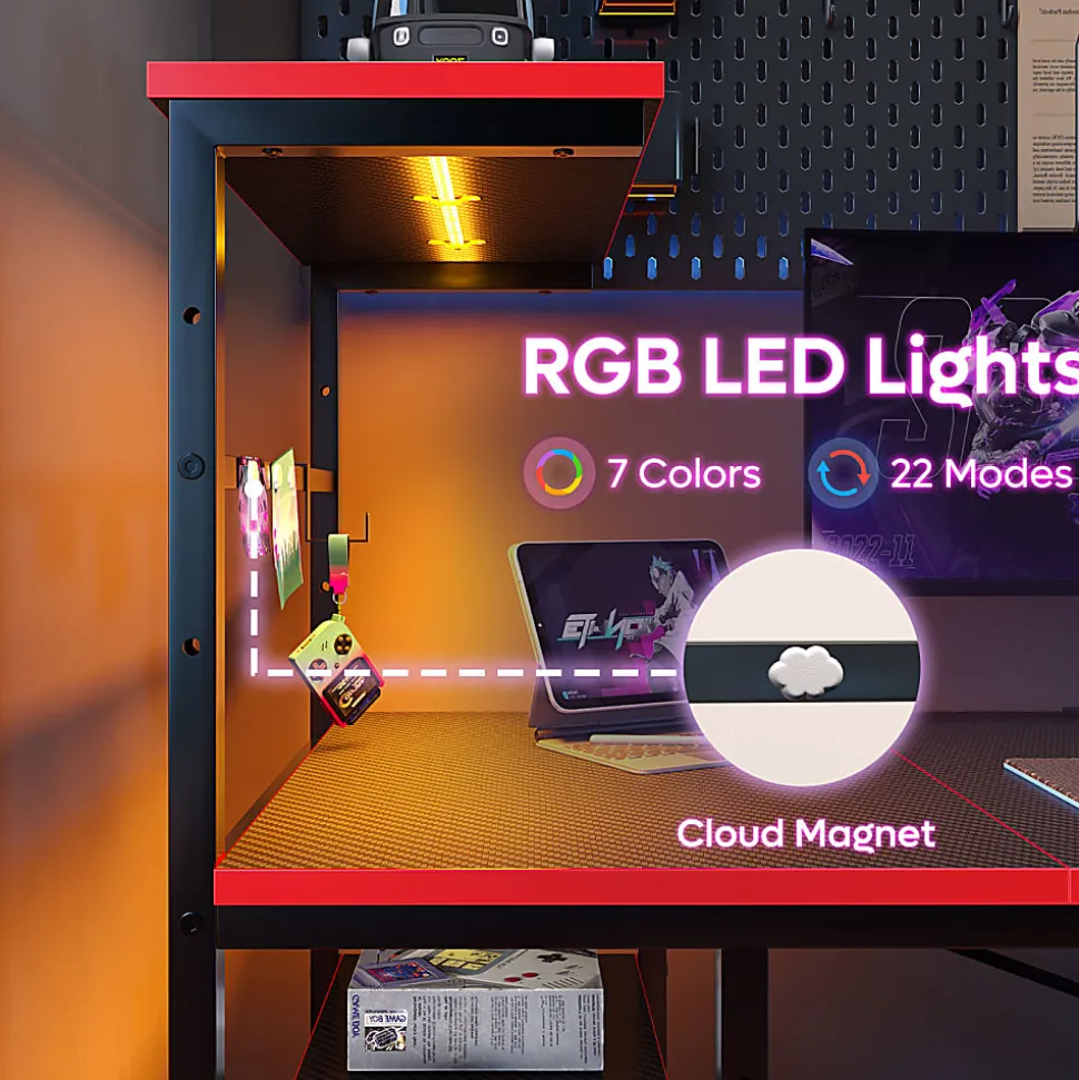Bestier Gaming Computer Desk With RGB LED Lights And 4-Tier Storage Shelves, 61"W, Black Carbon Fiber