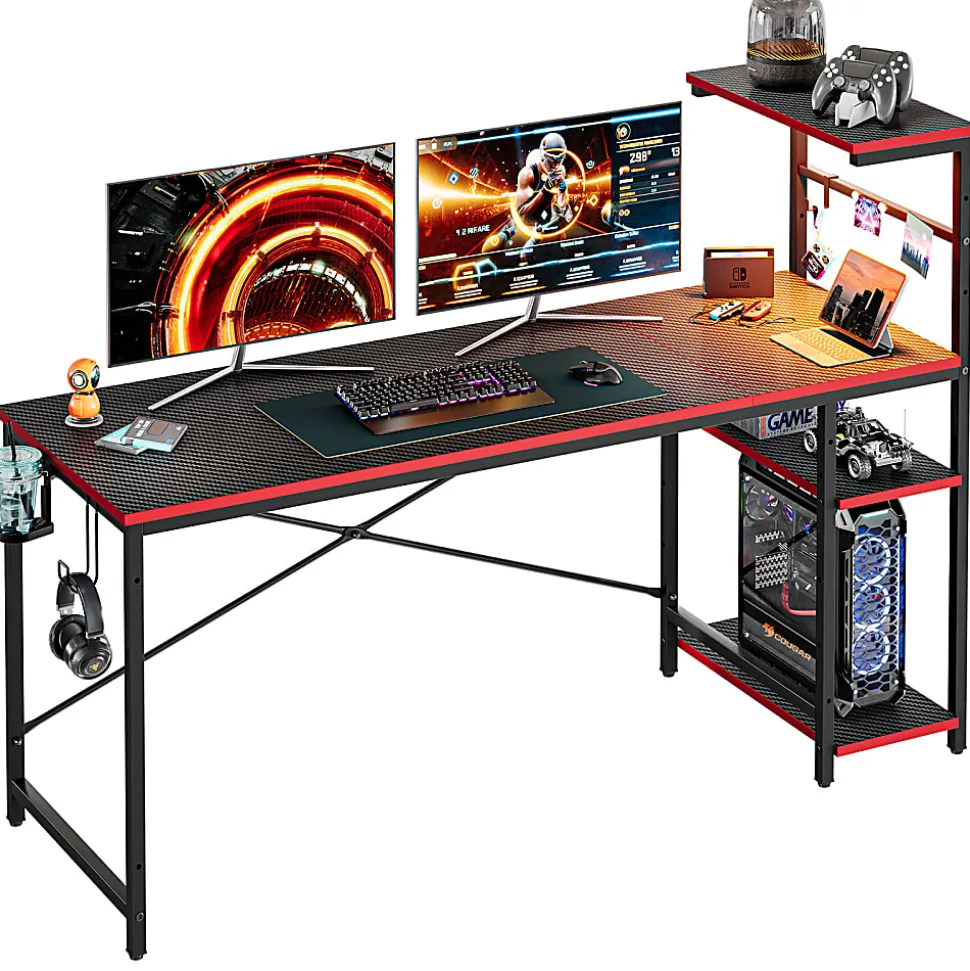 Bestier Gaming Computer Desk With RGB LED Lights And 4-Tier Storage Shelves, 61"W, Black Carbon Fiber