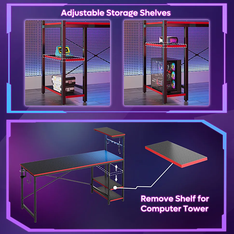 Bestier Gaming Computer Desk With RGB LED Lights And 4-Tier Storage Shelves, 61"W, Black Carbon Fiber