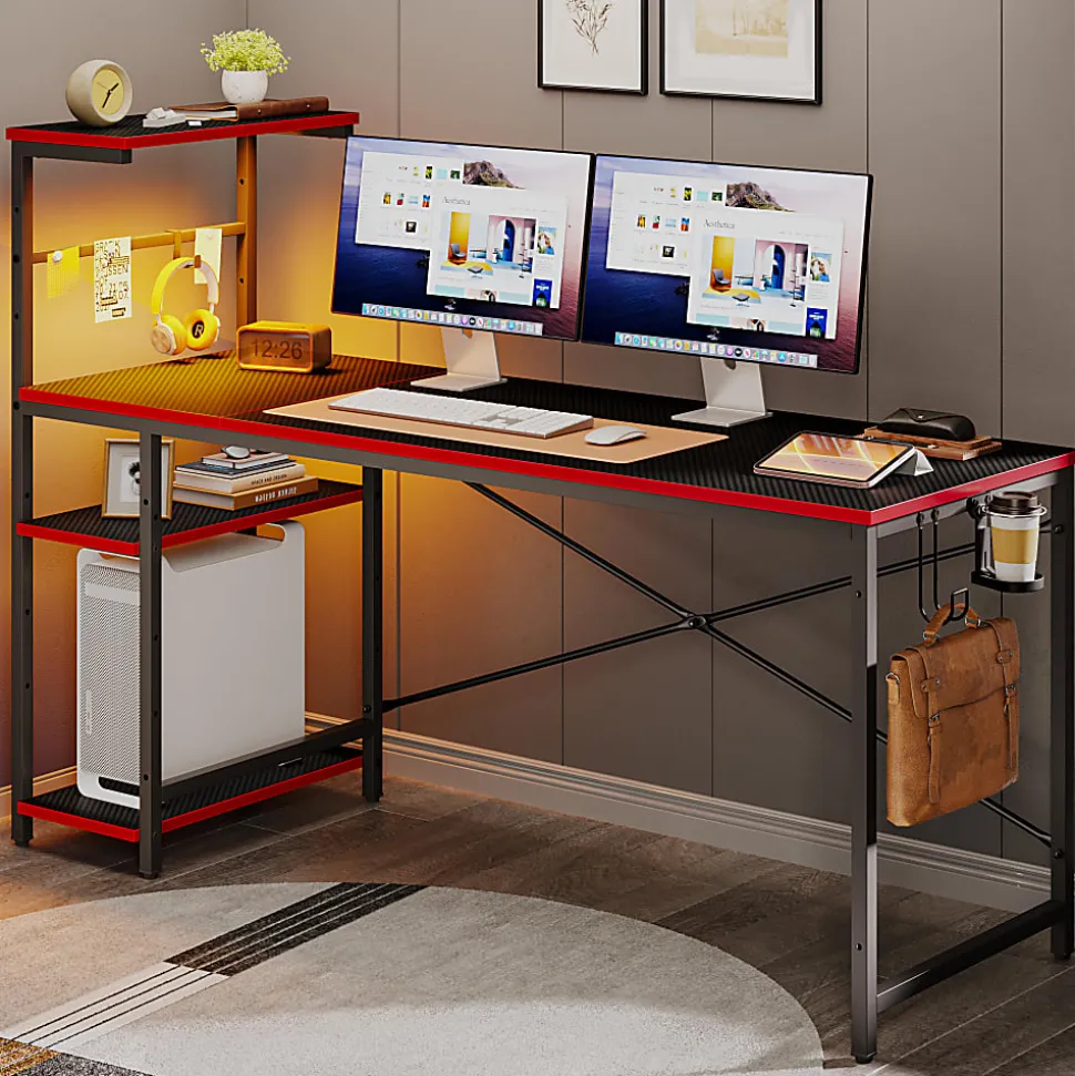 Bestier Gaming Computer Desk With RGB LED Lights And 4-Tier Storage Shelves, 61"W, Black Carbon Fiber