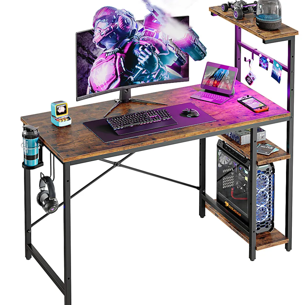 Bestier Gaming Computer Desk With RGB LED Lights And 4-Tier Storage Shelves, 45"W, Rustic Brown