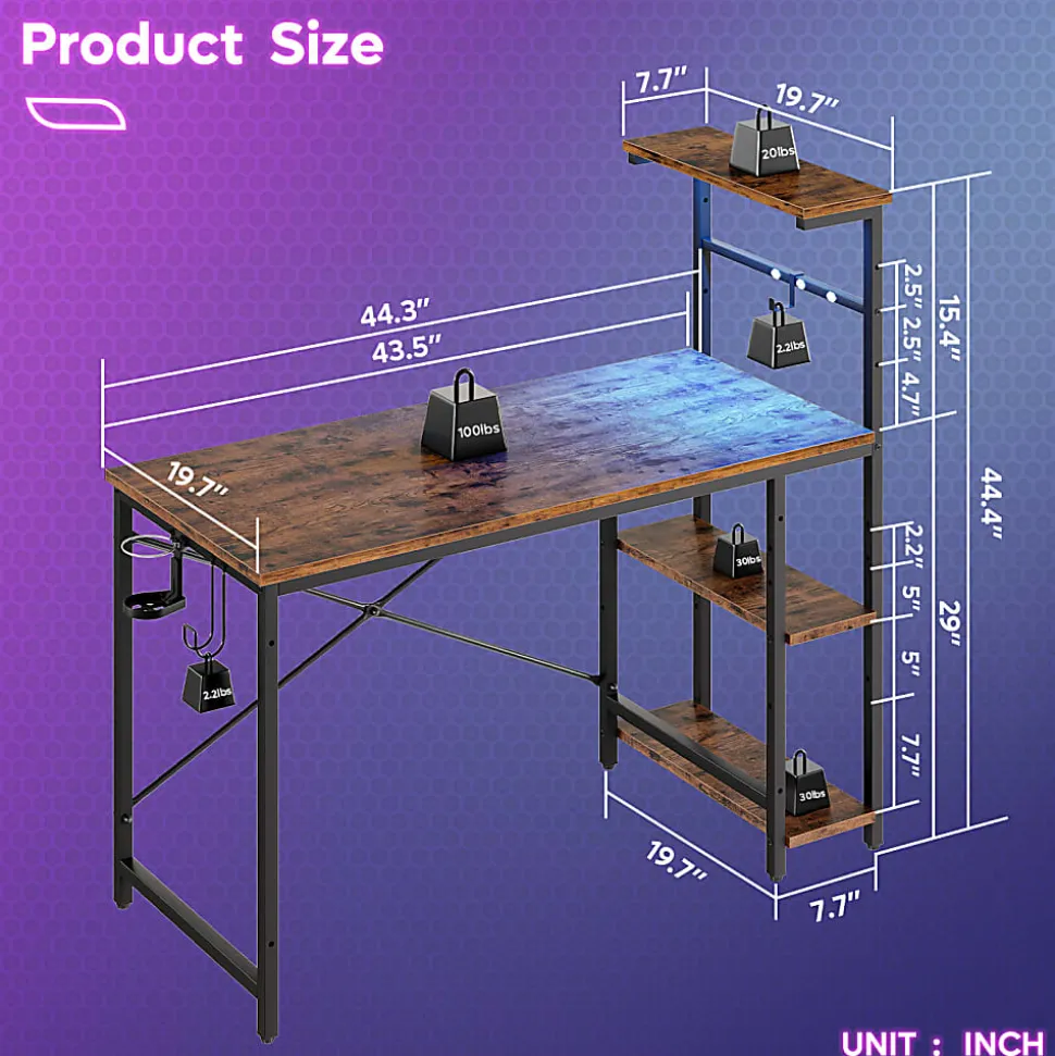 Bestier Gaming Computer Desk With RGB LED Lights And 4-Tier Storage Shelves, 45"W, Rustic Brown