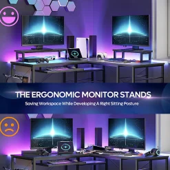 Bestier L-Shaped Corner Computer Desk With Storage Shelf, Monitor Stands, Side Pocket And Tray, 60"W, Black Carbon Fiber