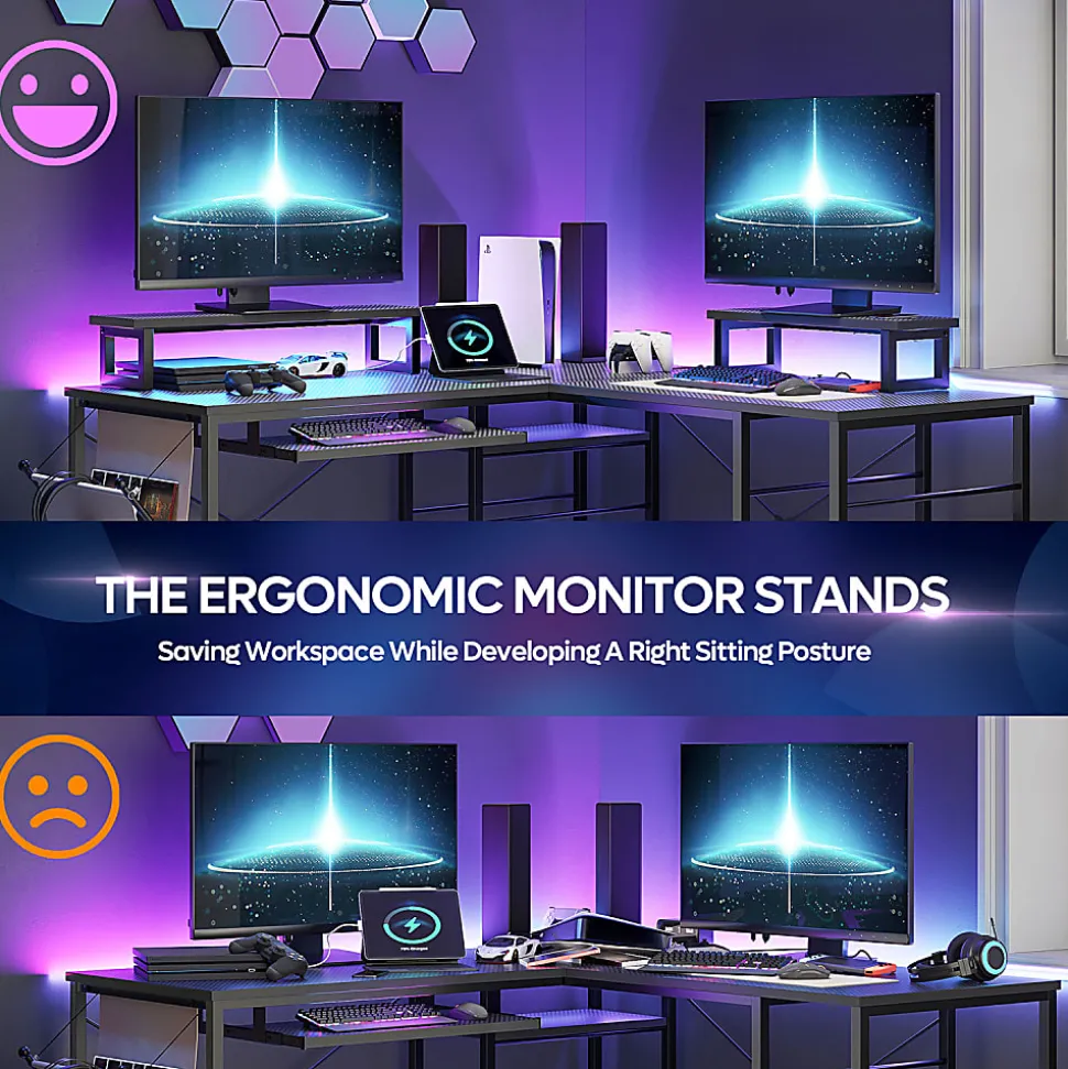 Bestier L-Shaped Corner Computer Desk With Storage Shelf, Monitor Stands, Side Pocket And Tray, 60"W, Black Carbon Fiber