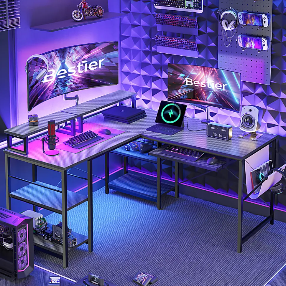 Bestier L-Shaped Corner Computer Desk With Storage Shelf, Monitor Stands, Side Pocket And Tray, 60"W, Black Carbon Fiber
