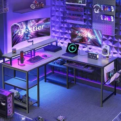 Bestier L-Shaped Corner Computer Desk With Storage Shelf, Monitor Stands, Side Pocket And Tray, 60