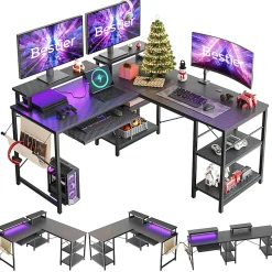 Bestier L-Shaped Corner Computer Desk With Storage Shelf, Monitor Stands, Side Pocket And Tray, 60