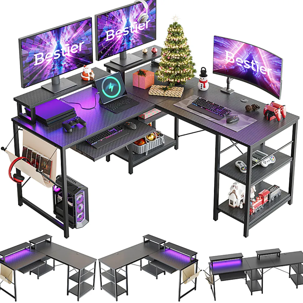Bestier L-Shaped Corner Computer Desk With Storage Shelf, Monitor Stands, Side Pocket And Tray, 60"W, Black Carbon Fiber