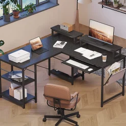 Bestier L-Shaped Corner Computer Desk With Storage Shelf, Monitor Stands, Side Pocket And Tray, 60