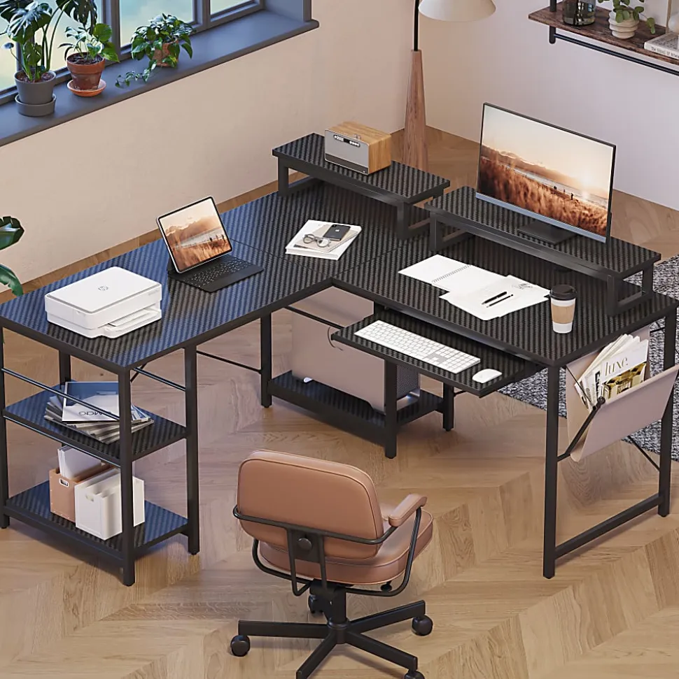 Bestier L-Shaped Corner Computer Desk With Storage Shelf, Monitor Stands, Side Pocket And Tray, 60"W, Black Carbon Fiber