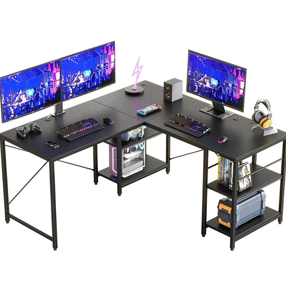 Bestier L-Shaped Corner Computer Desk With Storage Shelf, And Cord Management, 60"W, Black Carbon Fiber