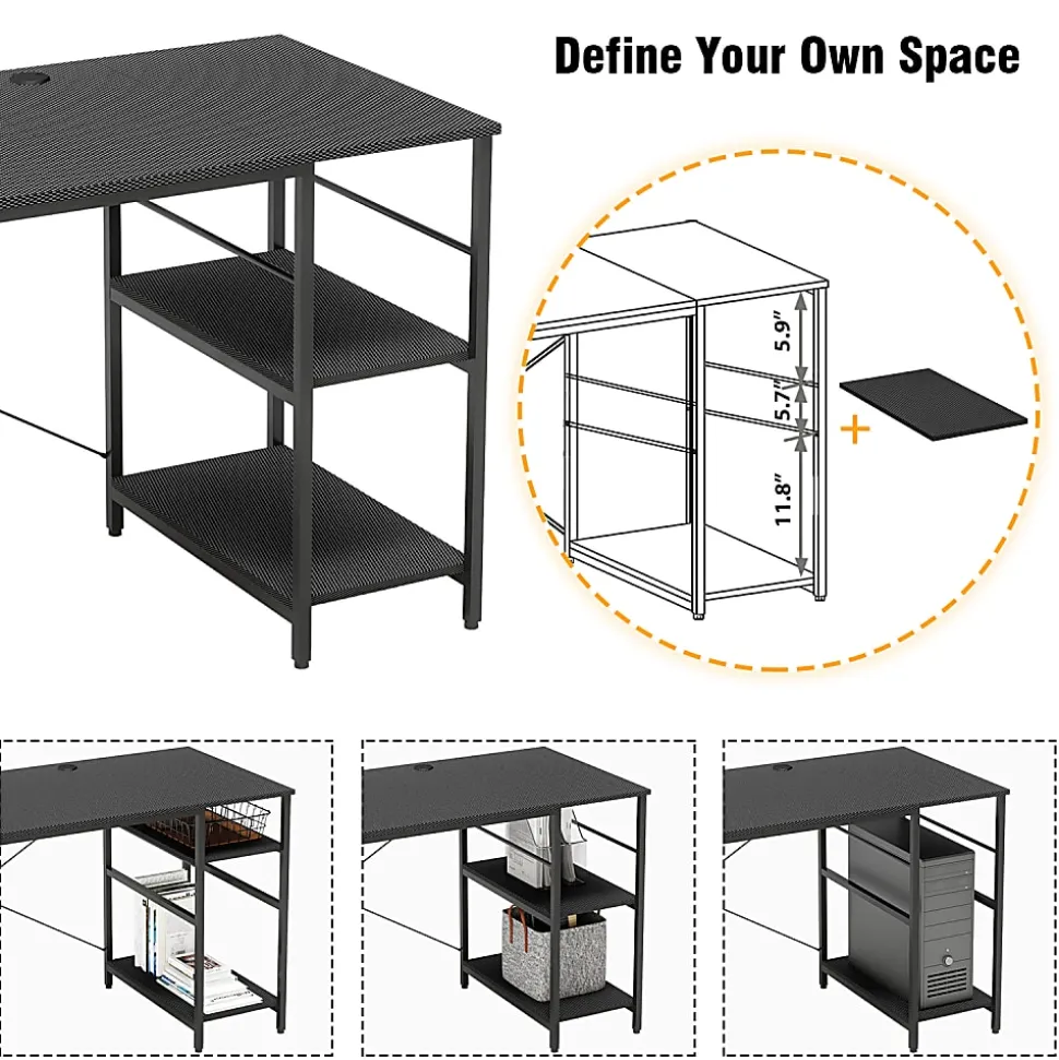Bestier L-Shaped Corner Computer Desk With Storage Shelf, And Cord Management, 60"W, Black Carbon Fiber